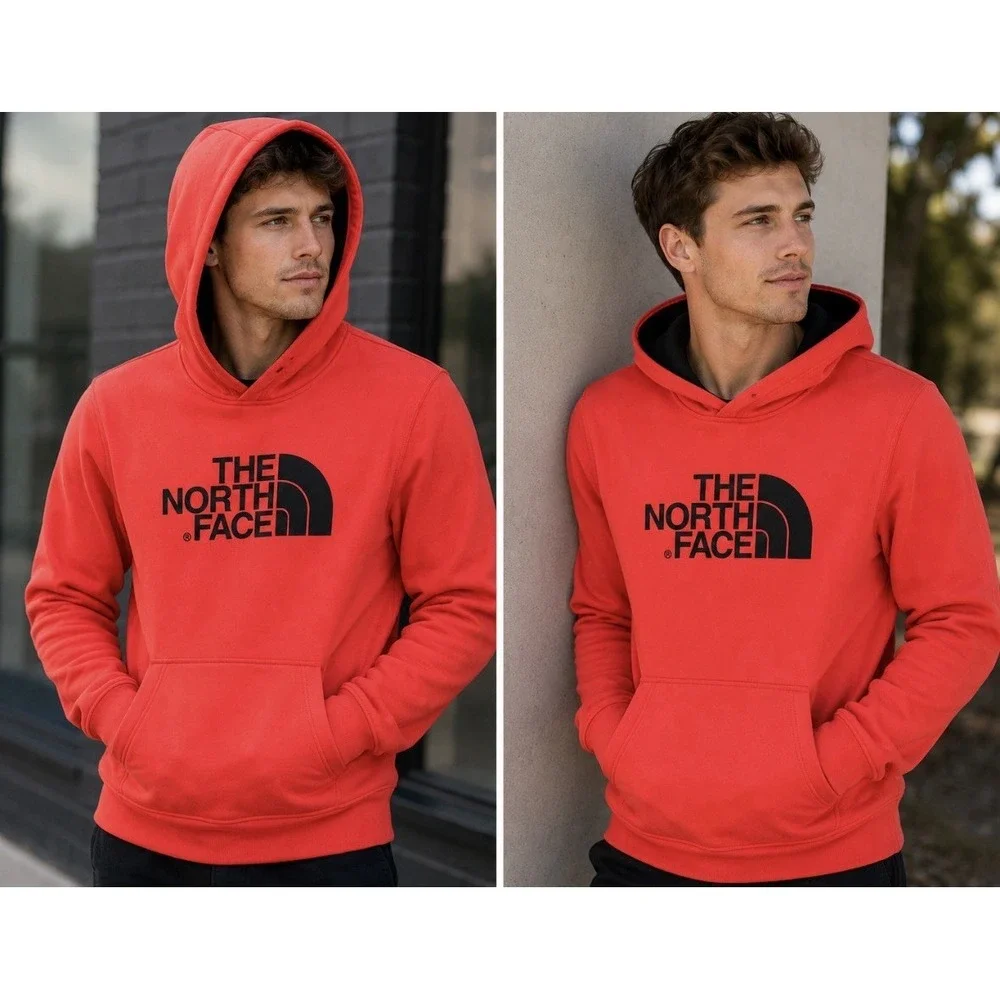 The North Face Hoodie Men's M Orange Pullover Fleece Sweatshirt Back Logo